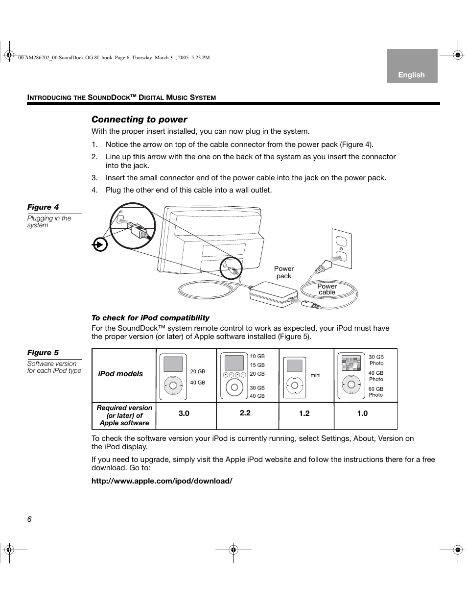 Connecting to power | Bose SoundDock User Manual | Page 6 / 72