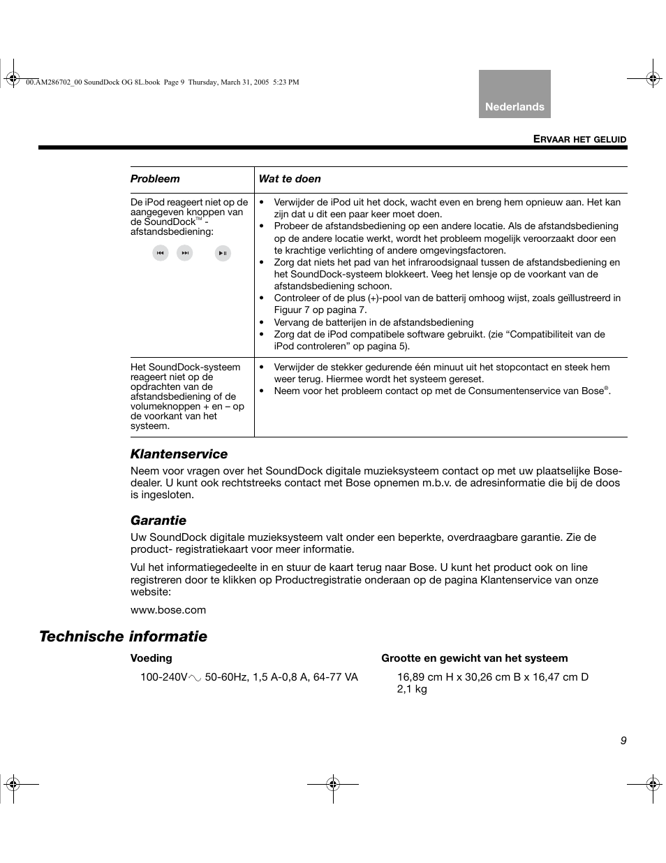 Technische informatie, Klantenservice, Garantie | Bose SoundDock User Manual | Page 61 / 72