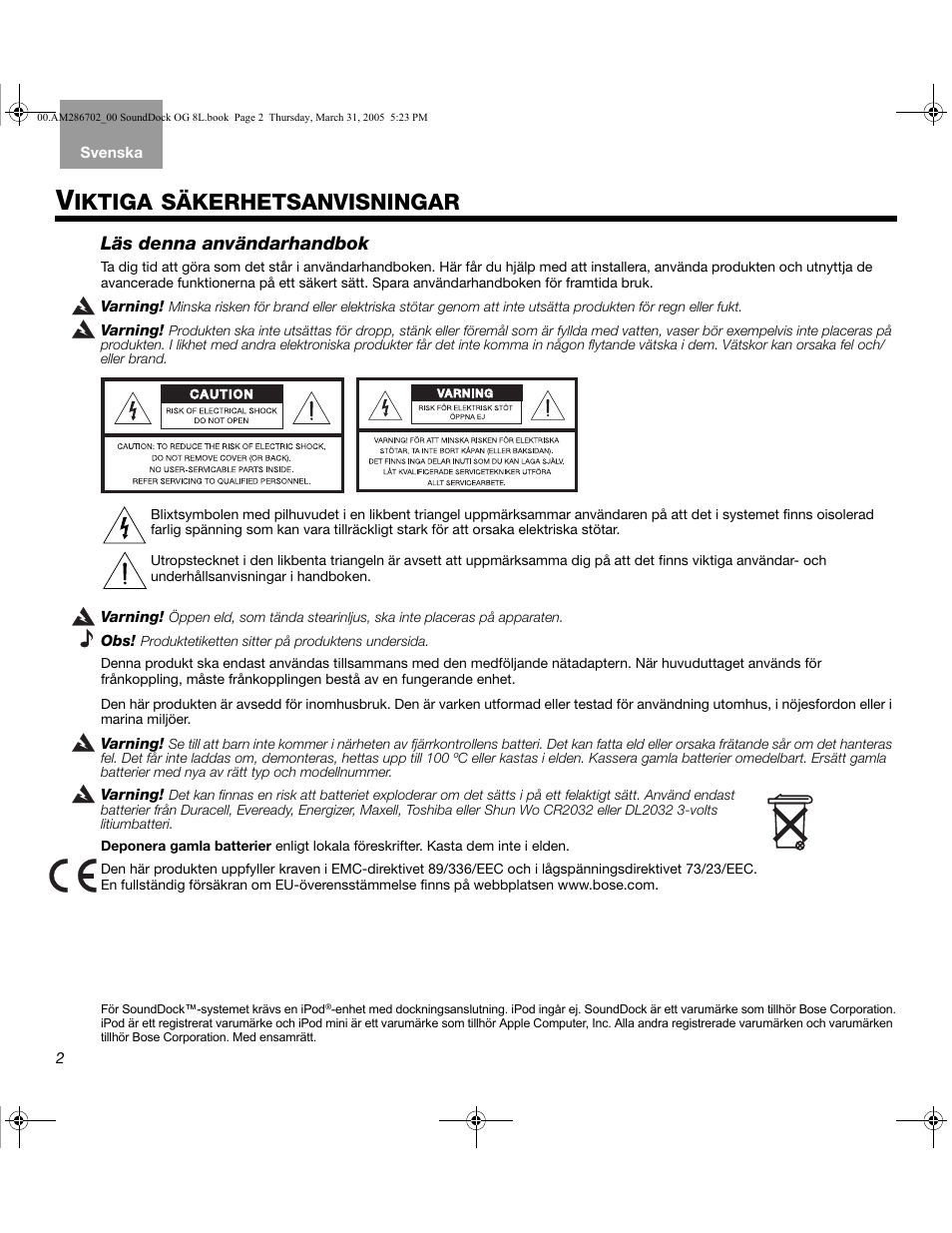 Iktiga säkerhetsanvisningar, Läs denna användarhandbok | Bose SoundDock User Manual | Page 62 / 72