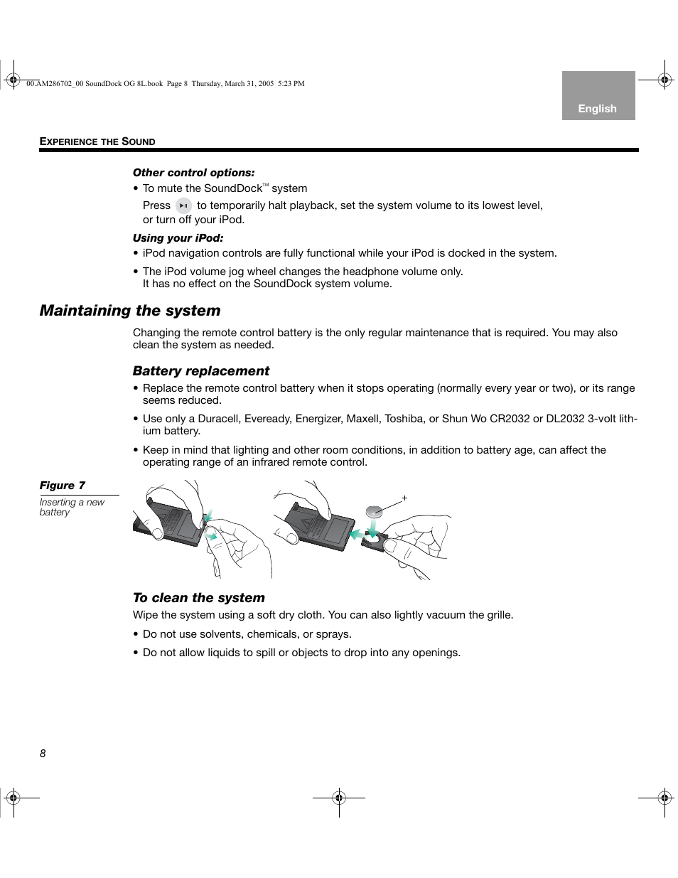 Maintaining the system, Battery replacement | Bose SoundDock User Manual | Page 8 / 72