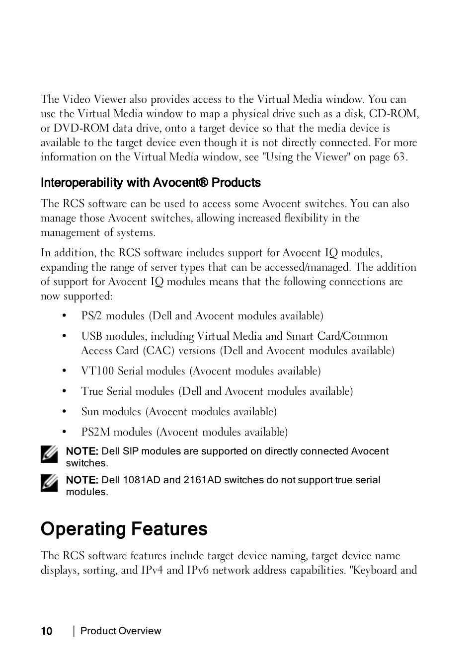Interoperability with avocent® products, Operating features | Dell KVM 4322DS User Manual | Page 10 / 114