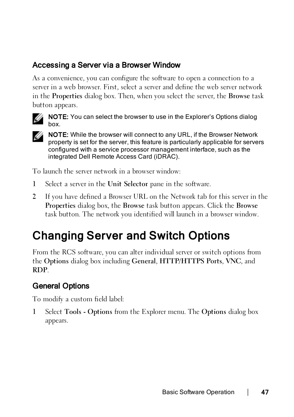 Accessing a server via a browser window, Changing server and switch options, General options | Dell KVM 4322DS User Manual | Page 47 / 114