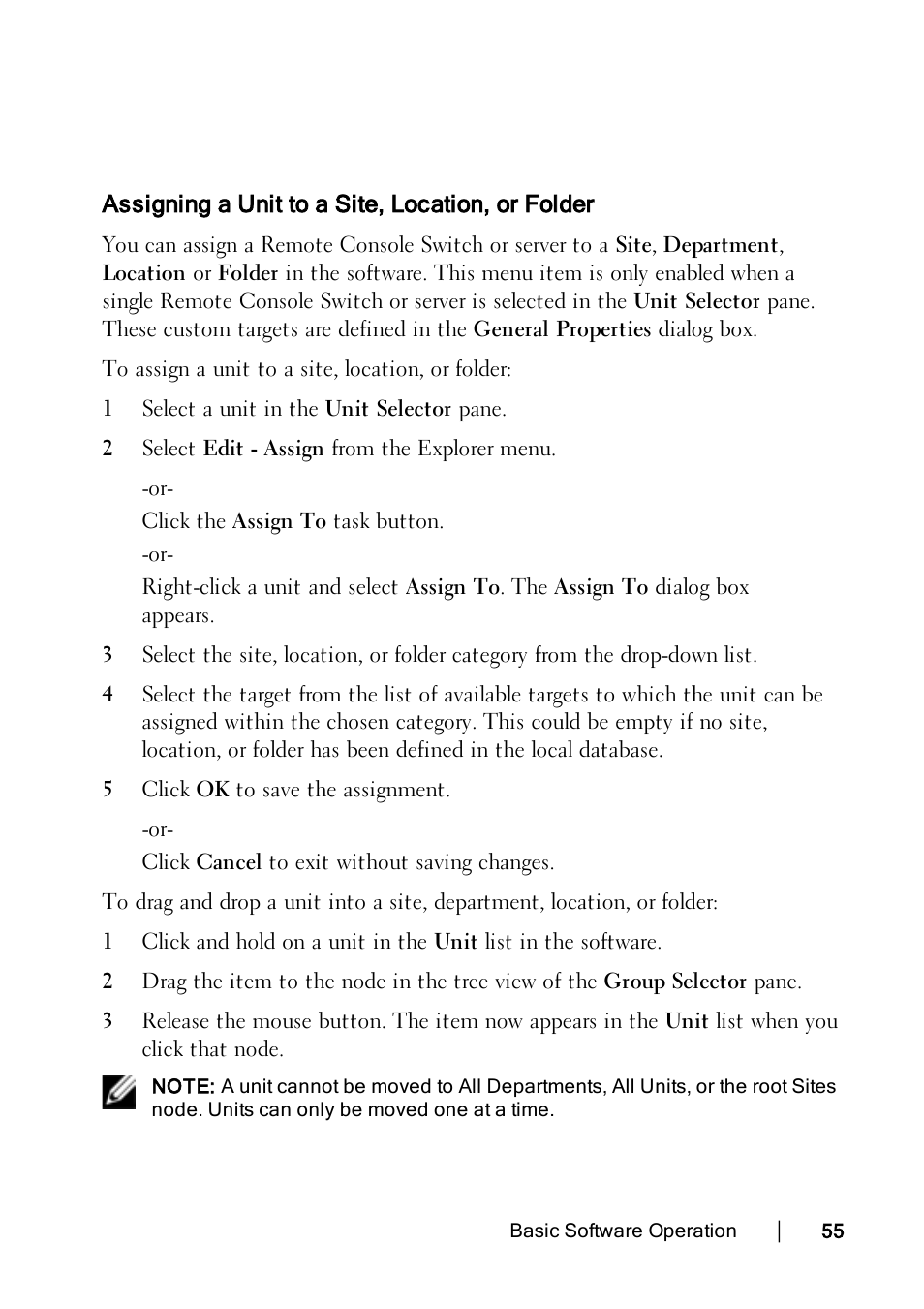 Assigning a unit to a site, location, or folder | Dell KVM 4322DS User Manual | Page 55 / 114