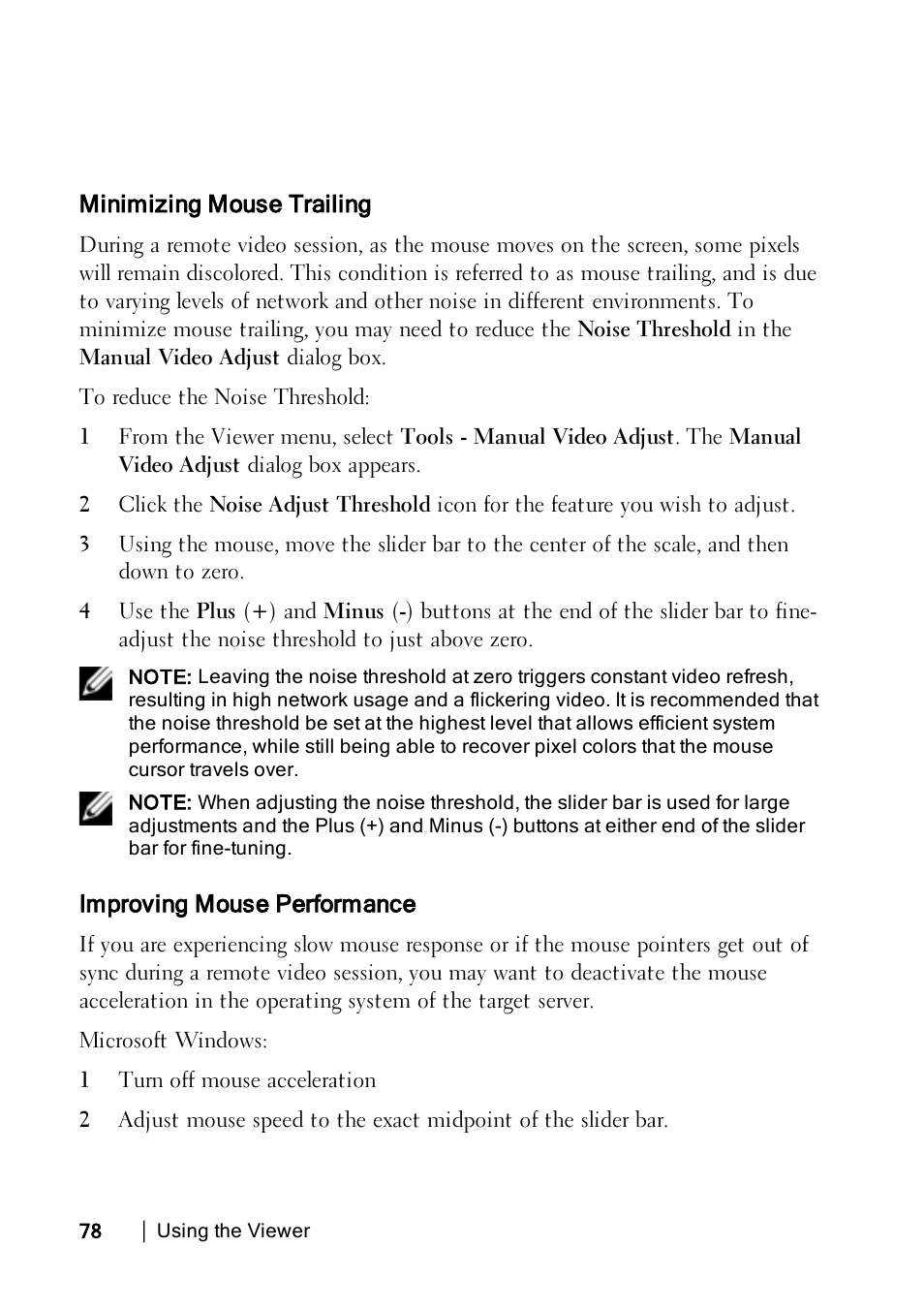 Minimizing mouse trailing, Improving mouse performance | Dell KVM 4322DS User Manual | Page 78 / 114