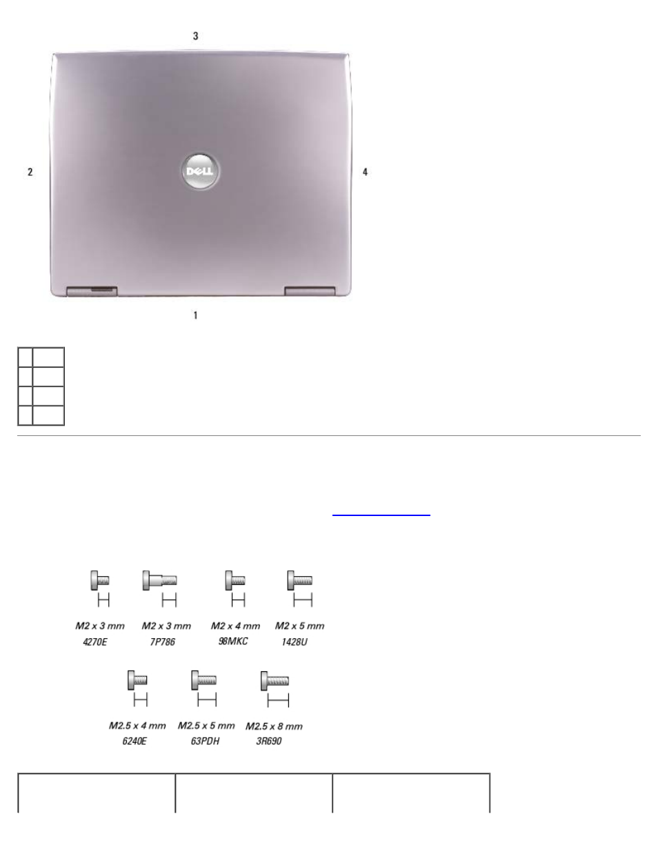Screw identification | Dell Latitude D505 User Manual | Page 4 / 58