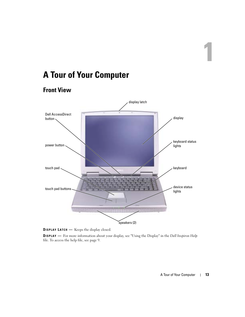A tour of your computer, Front view | Dell Inspiron 1150 User Manual | Page 13 / 112