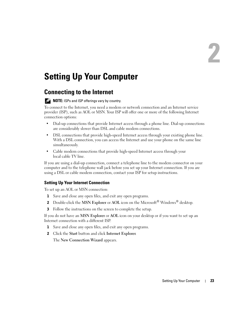 Setting up your computer, Connecting to the internet, Setting up your internet connection | Dell Inspiron 1150 User Manual | Page 23 / 112