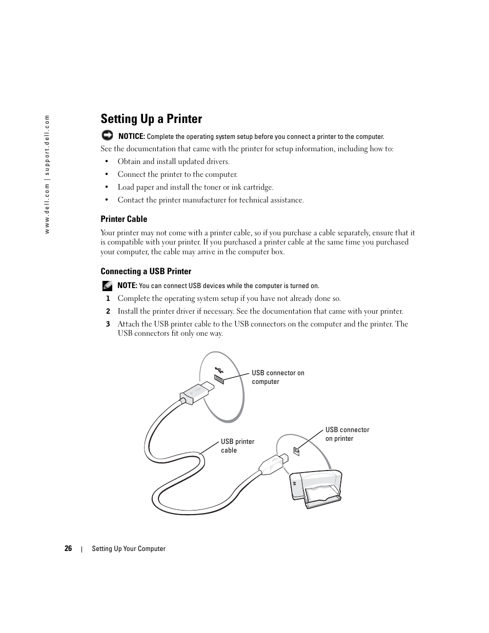 Setting up a printer, Printer cable, Connecting a usb printer | Dell Inspiron 1150 User Manual | Page 26 / 112