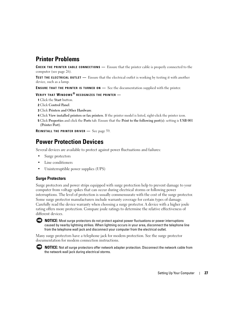 Printer problems, Power protection devices, Surge protectors | Dell Inspiron 1150 User Manual | Page 27 / 112