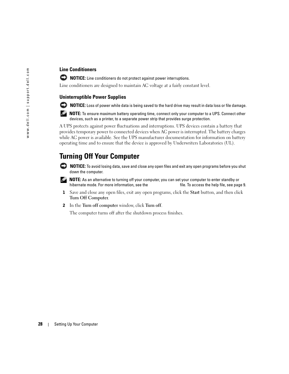 Line conditioners, Uninterruptible power supplies, Turning off your computer | Dell Inspiron 1150 User Manual | Page 28 / 112