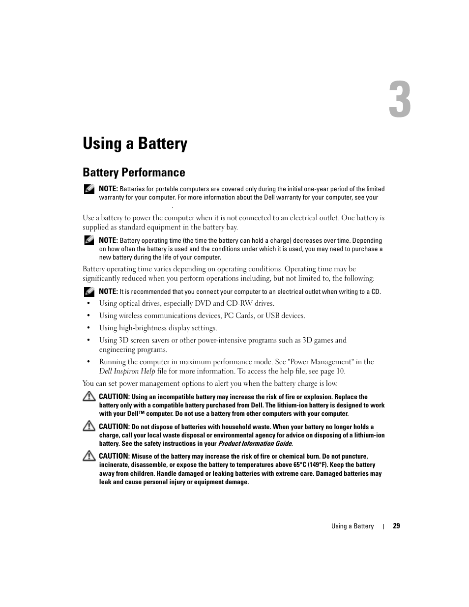 Using a battery, Battery performance | Dell Inspiron 1150 User Manual | Page 29 / 112