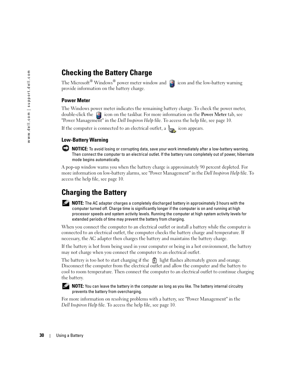 Checking the battery charge, Power meter, Low-battery warning | Charging the battery | Dell Inspiron 1150 User Manual | Page 30 / 112