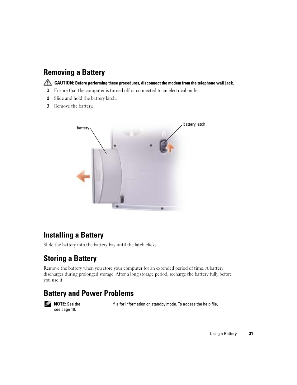 Removing a battery, Installing a battery, Storing a battery | Battery and power problems | Dell Inspiron 1150 User Manual | Page 31 / 112