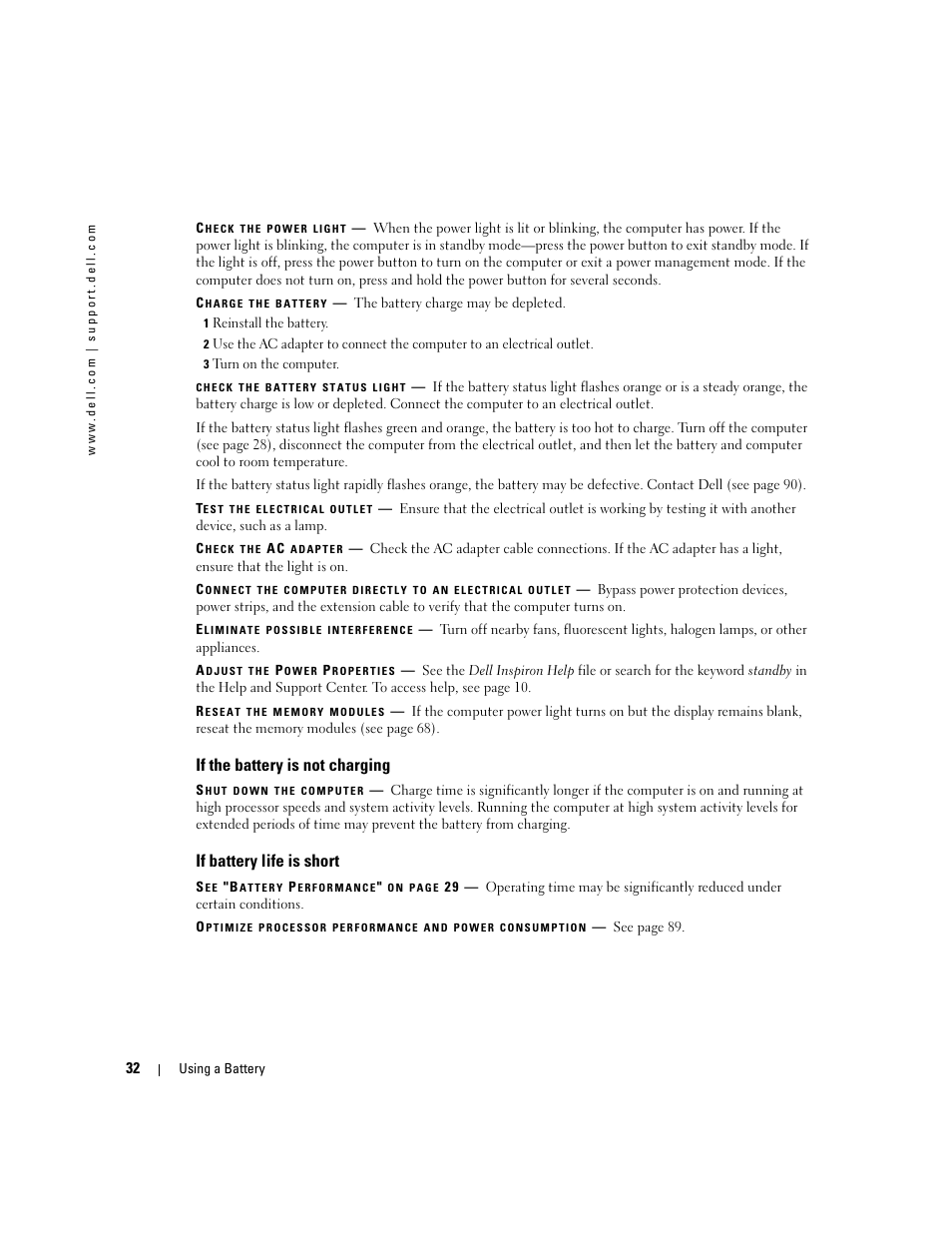 If the battery is not charging, If battery life is short | Dell Inspiron 1150 User Manual | Page 32 / 112