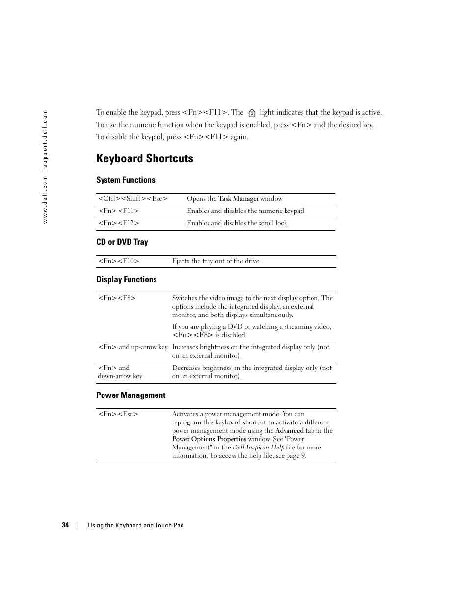 Keyboard shortcuts, System functions, Cd or dvd tray | Display functions, Power management | Dell Inspiron 1150 User Manual | Page 34 / 112