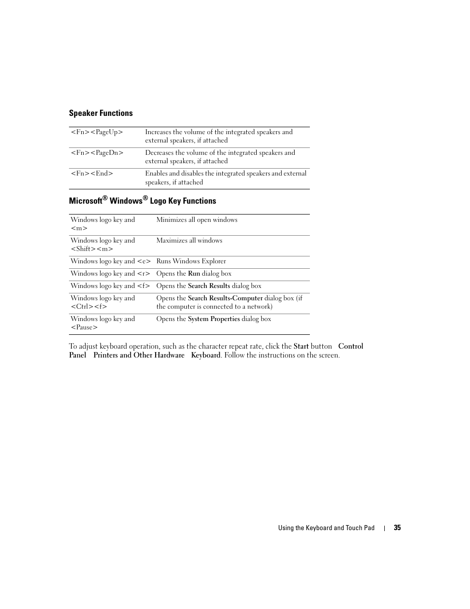 Speaker functions, Microsoft® windows® logo key functions, Microsoft | Dell Inspiron 1150 User Manual | Page 35 / 112