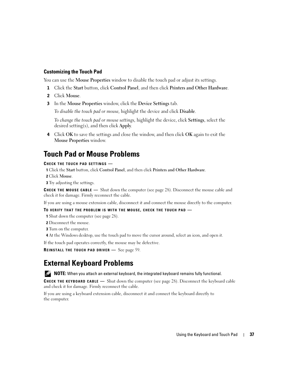 Customizing the touch pad, Touch pad or mouse problems, External keyboard problems | Dell Inspiron 1150 User Manual | Page 37 / 112