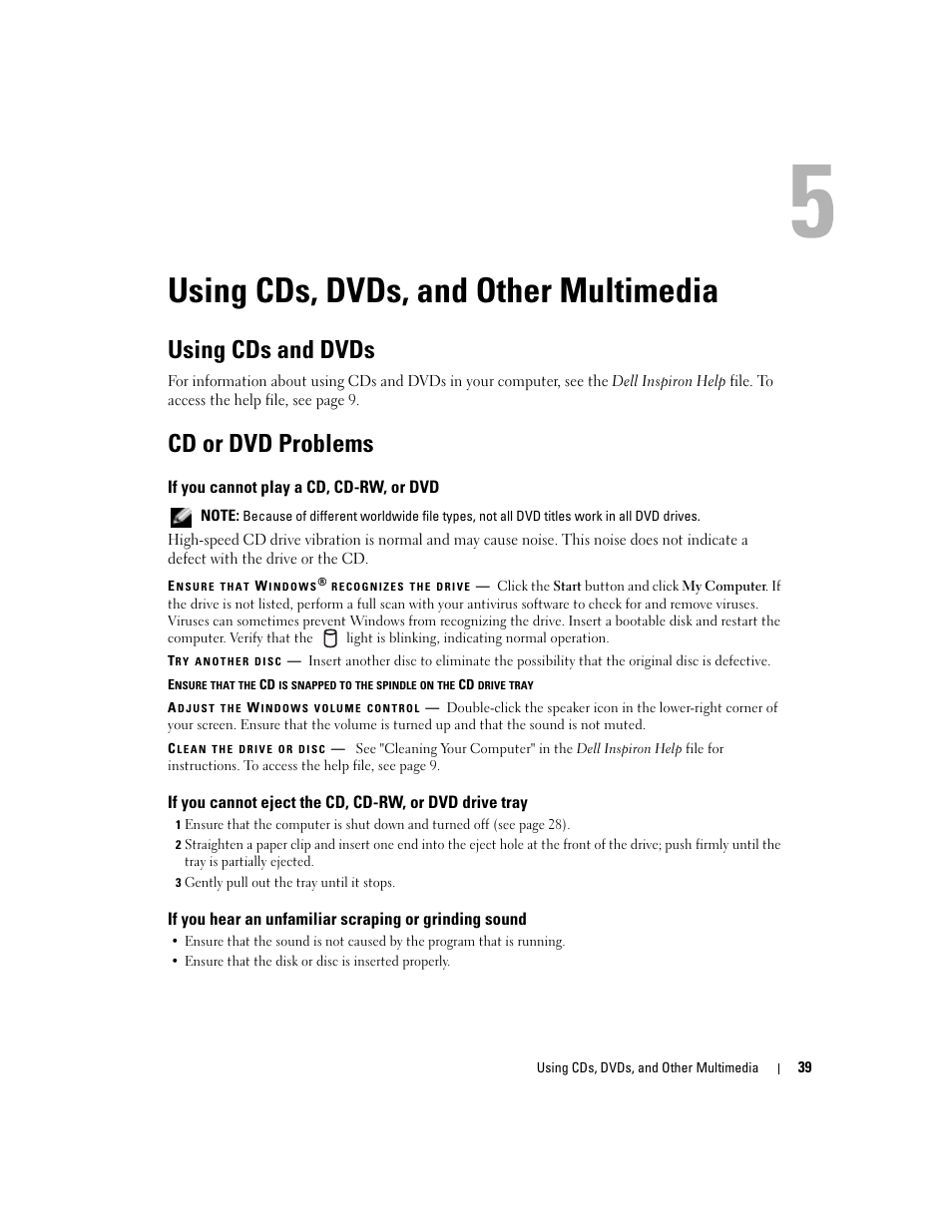 Using cds, dvds, and other multimedia, Using cds and dvds, Cd or dvd problems | If you cannot play a cd, cd-rw, or dvd | Dell Inspiron 1150 User Manual | Page 39 / 112