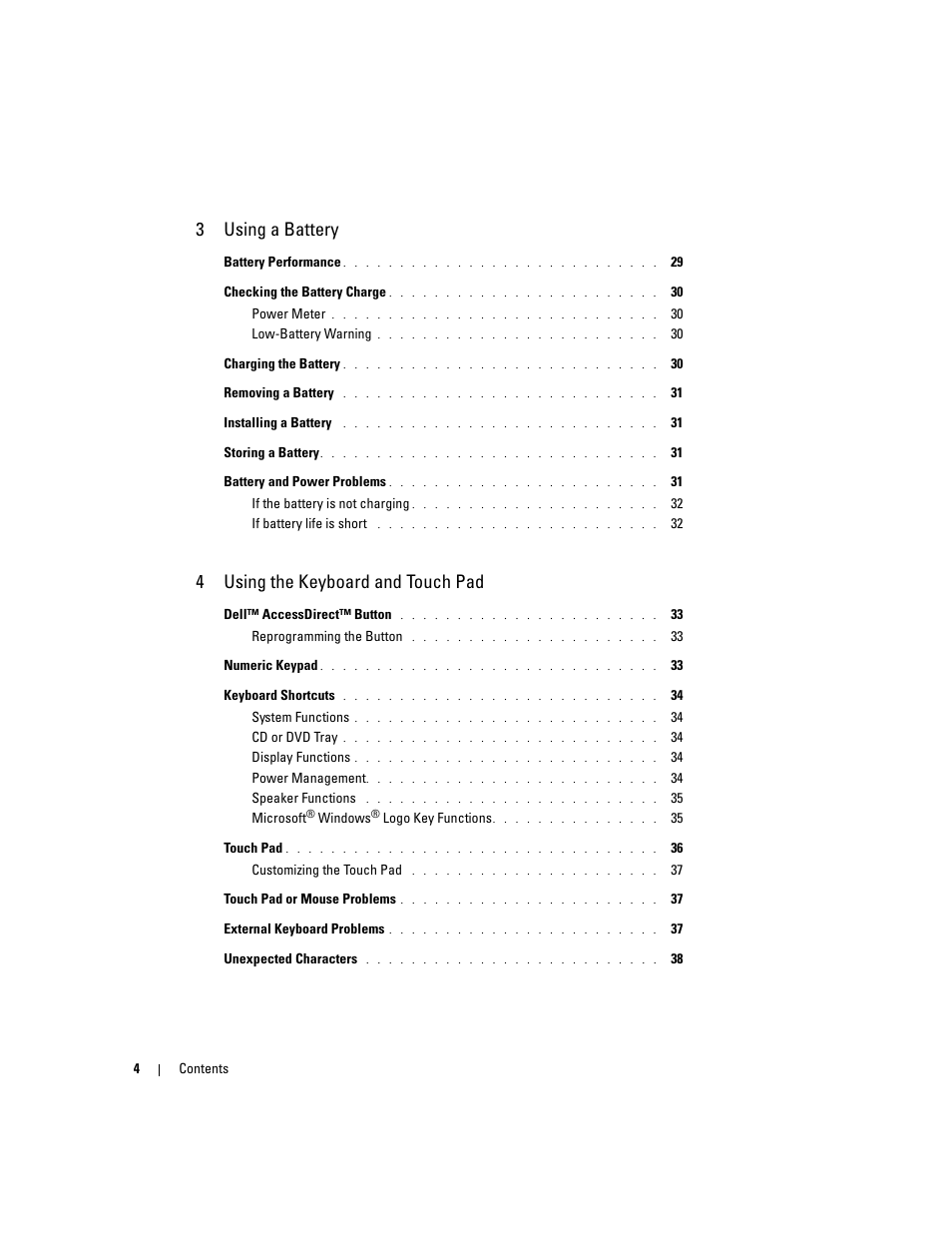 3using a battery, 4using the keyboard and touch pad | Dell Inspiron 1150 User Manual | Page 4 / 112