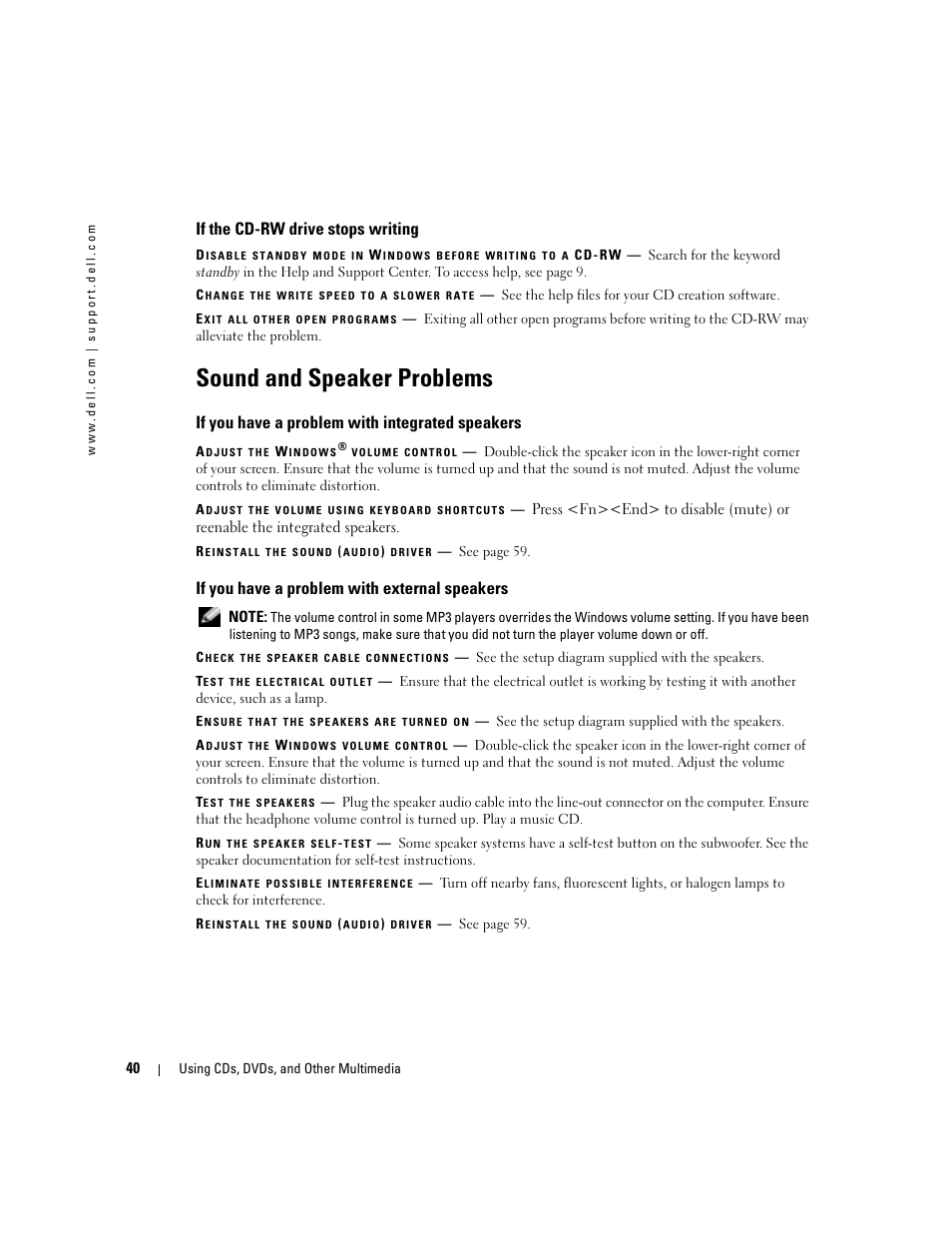 If the cd-rw drive stops writing, Sound and speaker problems, If you have a problem with integrated speakers | If you have a problem with external speakers | Dell Inspiron 1150 User Manual | Page 40 / 112