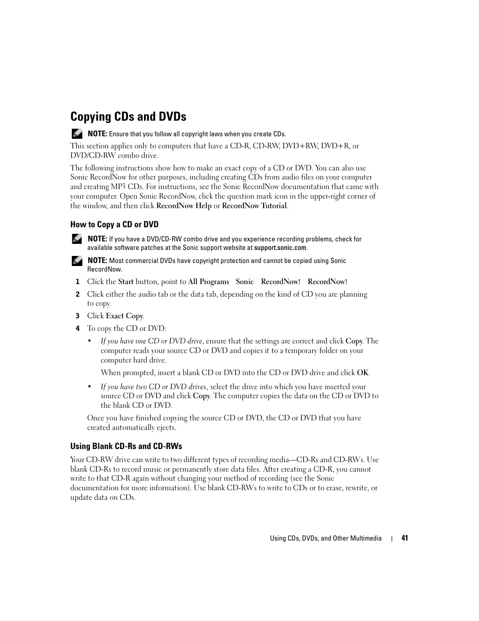 Copying cds and dvds, How to copy a cd or dvd, Using blank cd-rs and cd-rws | Dell Inspiron 1150 User Manual | Page 41 / 112