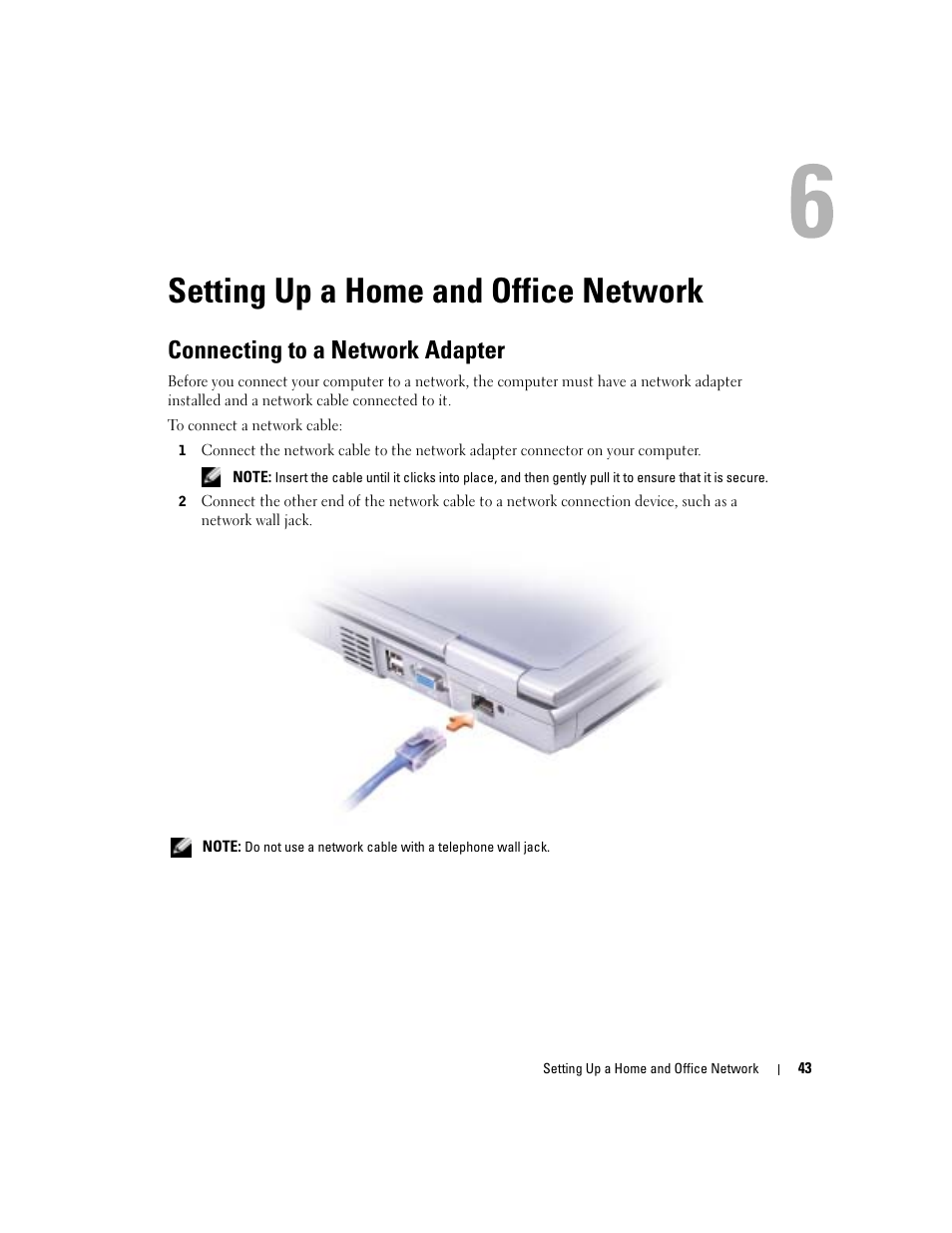 Setting up a home and office network, Connecting to a network adapter | Dell Inspiron 1150 User Manual | Page 43 / 112