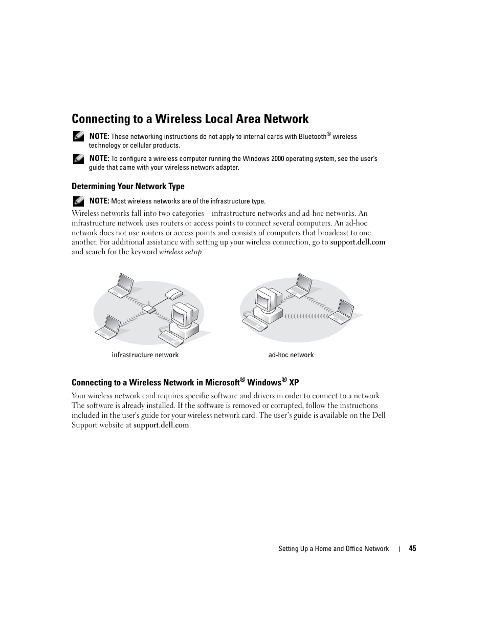 Connecting to a wireless local area network, Determining your network type, Connecting to a wireless network in microsoft | Dell Inspiron 1150 User Manual | Page 45 / 112