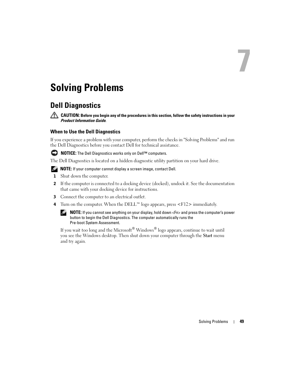 Solving problems, Dell diagnostics, When to use the dell diagnostics | Dell Inspiron 1150 User Manual | Page 49 / 112