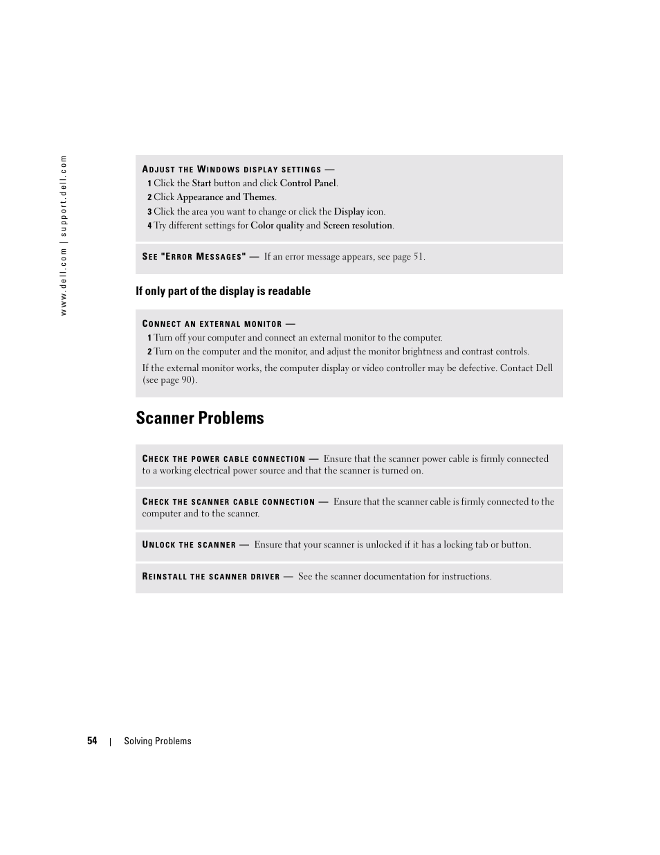 If only part of the display is readable, Scanner problems | Dell Inspiron 1150 User Manual | Page 54 / 112