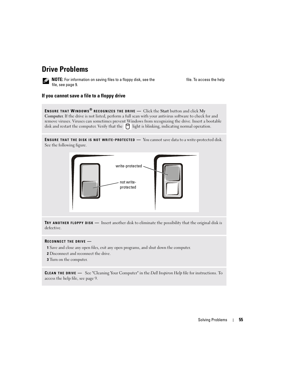 Drive problems, If you cannot save a file to a floppy drive | Dell Inspiron 1150 User Manual | Page 55 / 112