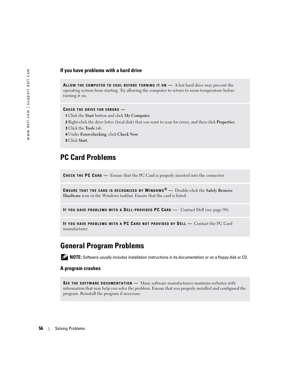 If you have problems with a hard drive, Pc card problems, General program problems | A program crashes, Pc card problems general program problems | Dell Inspiron 1150 User Manual | Page 56 / 112