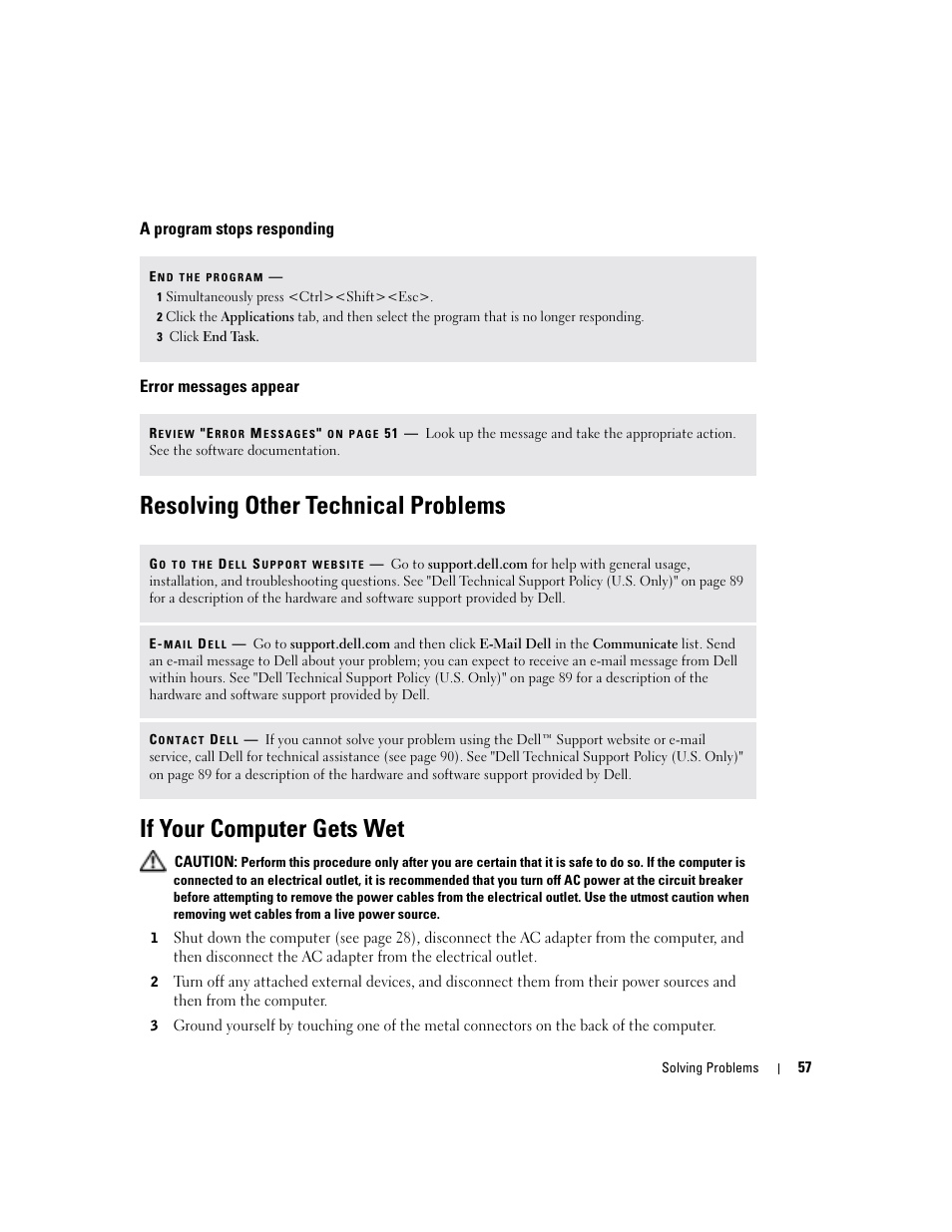 A program stops responding, Error messages appear, Resolving other technical problems | If your computer gets wet | Dell Inspiron 1150 User Manual | Page 57 / 112