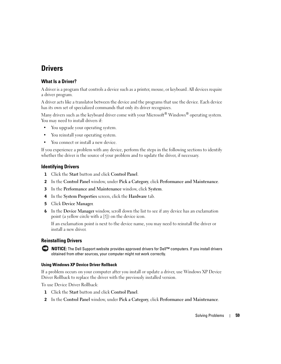 Drivers, What is a driver, Identifying drivers | Reinstalling drivers | Dell Inspiron 1150 User Manual | Page 59 / 112