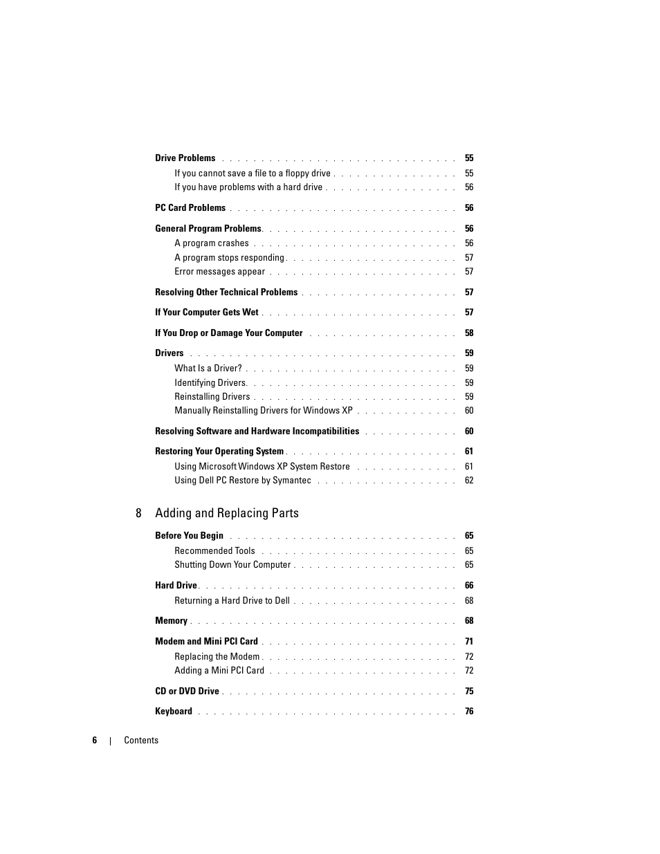 8adding and replacing parts | Dell Inspiron 1150 User Manual | Page 6 / 112