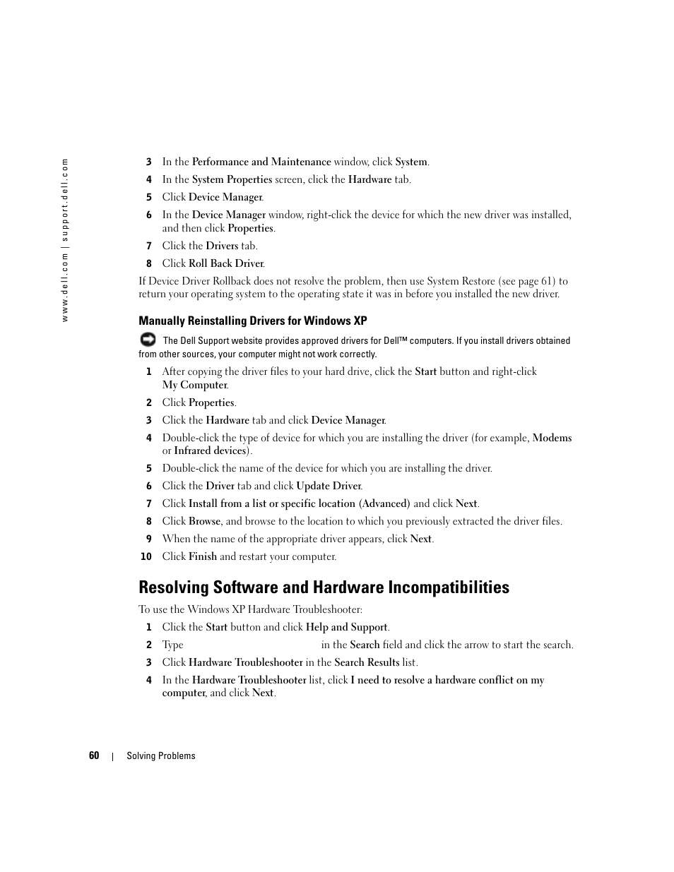 Manually reinstalling drivers for windows xp, Resolving software and hardware incompatibilities | Dell Inspiron 1150 User Manual | Page 60 / 112