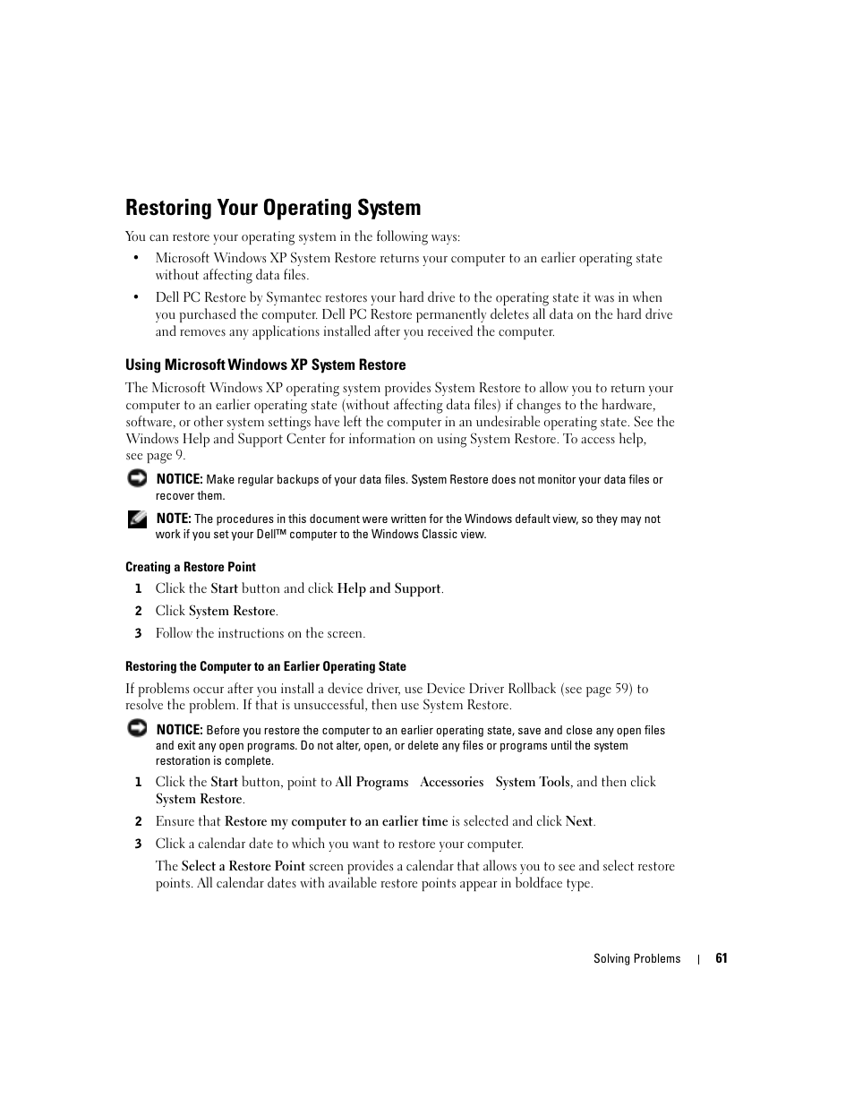 Restoring your operating system, Using microsoft windows xp system restore, Using microsoft | Dell Inspiron 1150 User Manual | Page 61 / 112