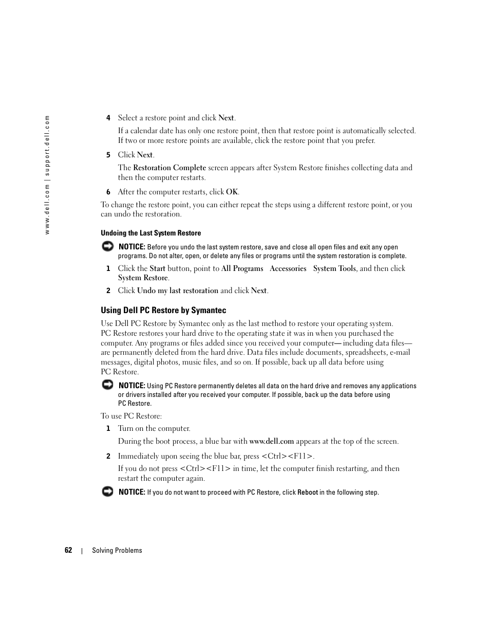 Using dell pc restore by symantec | Dell Inspiron 1150 User Manual | Page 62 / 112