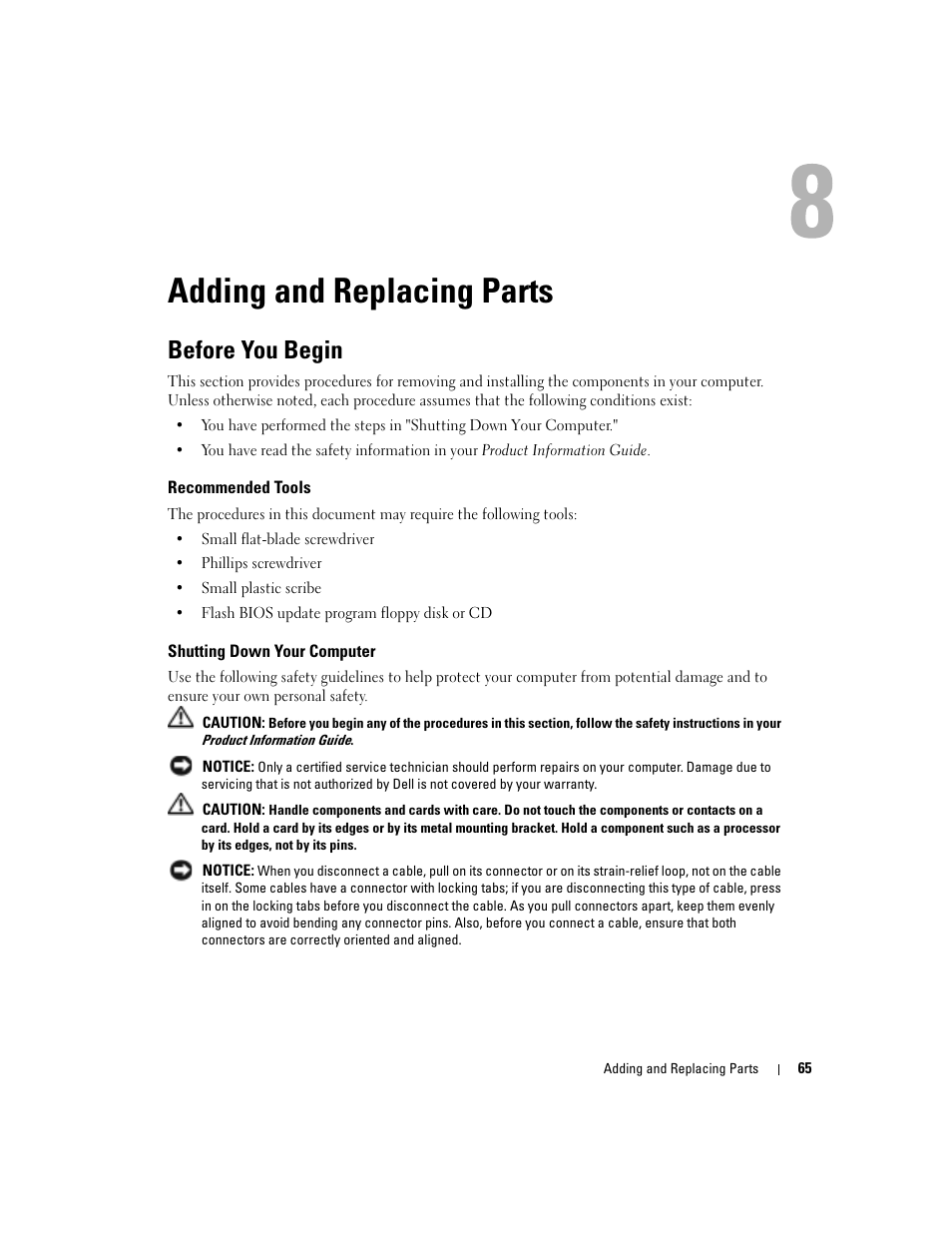 Adding and replacing parts, Before you begin, Recommended tools | Shutting down your computer | Dell Inspiron 1150 User Manual | Page 65 / 112