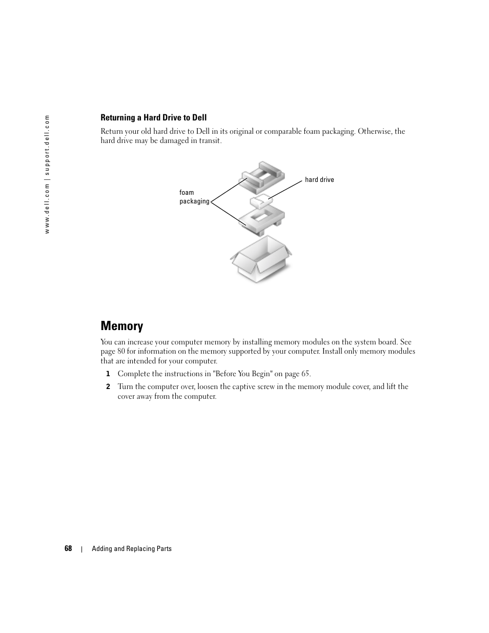 Returning a hard drive to dell, Memory | Dell Inspiron 1150 User Manual | Page 68 / 112