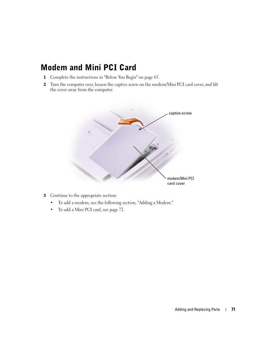 Modem and mini pci card | Dell Inspiron 1150 User Manual | Page 71 / 112