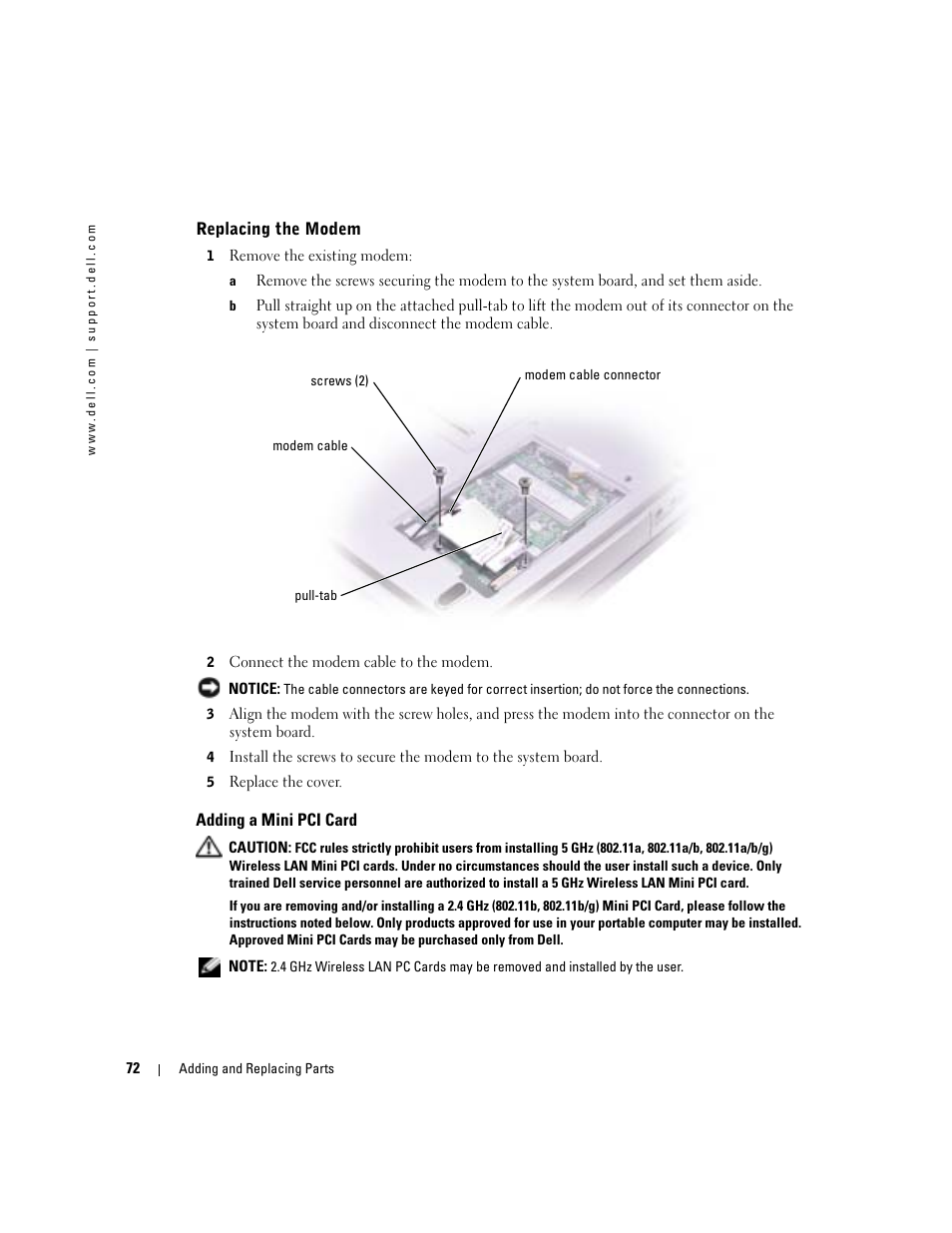 Replacing the modem, Adding a mini pci card | Dell Inspiron 1150 User Manual | Page 72 / 112