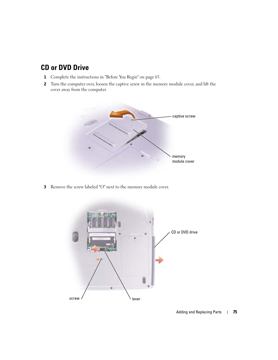 Cd or dvd drive | Dell Inspiron 1150 User Manual | Page 75 / 112