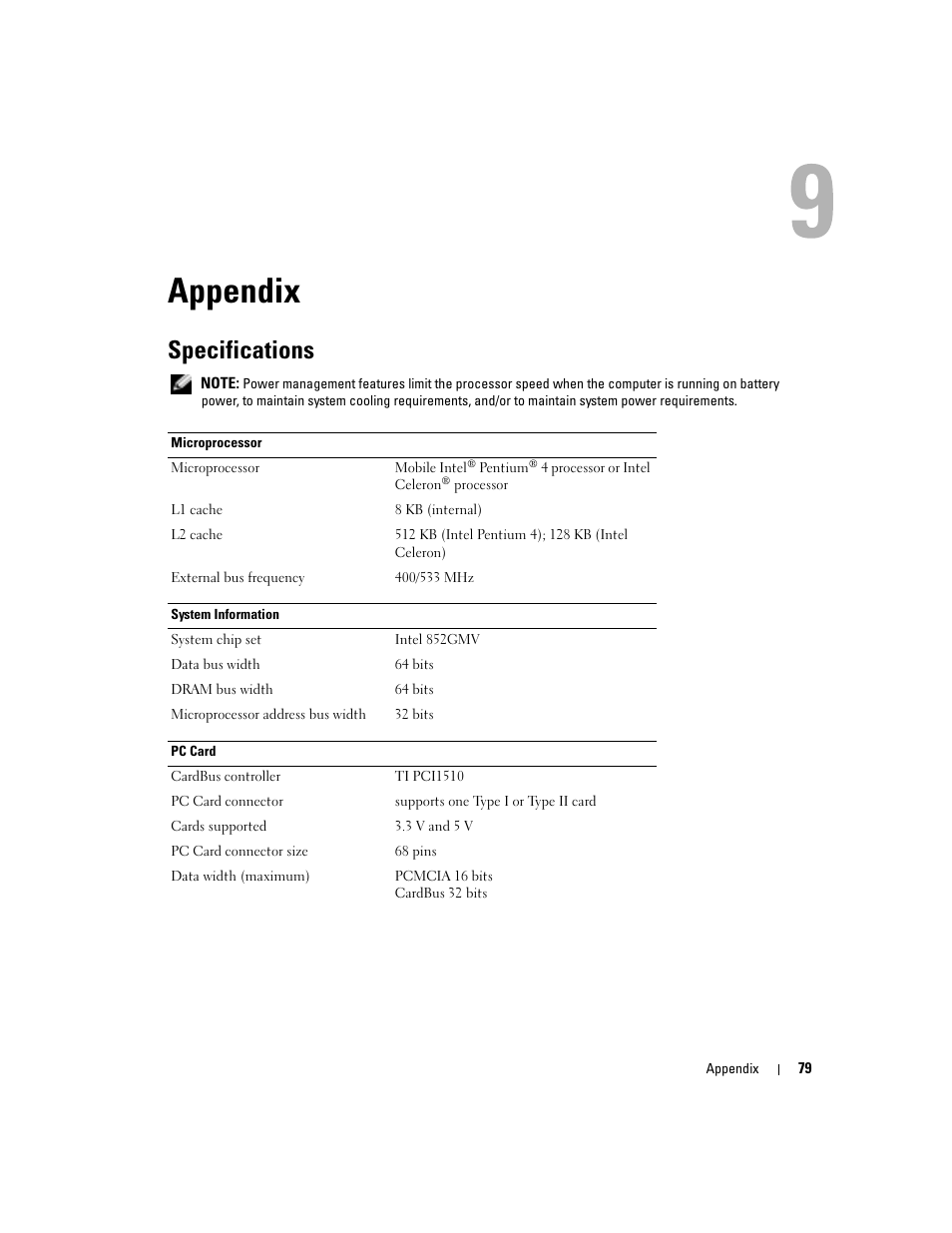 Appendix, Specifications | Dell Inspiron 1150 User Manual | Page 79 / 112