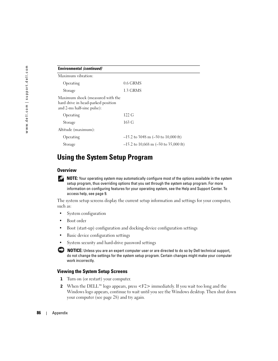 Using the system setup program, Overview, Viewing the system setup screens | Dell Inspiron 1150 User Manual | Page 86 / 112