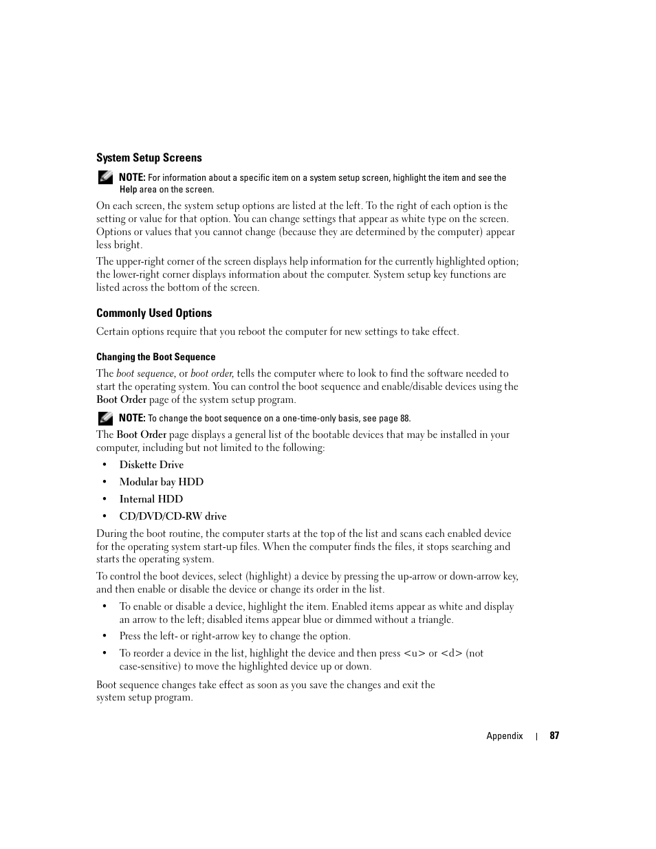 System setup screens, Commonly used options | Dell Inspiron 1150 User Manual | Page 87 / 112