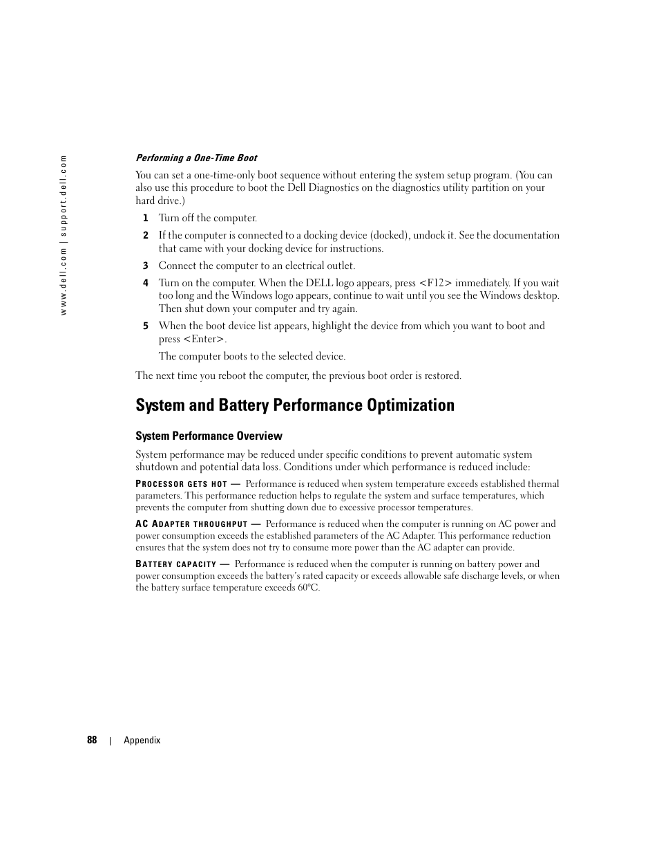 System and battery performance optimization, System performance overview | Dell Inspiron 1150 User Manual | Page 88 / 112