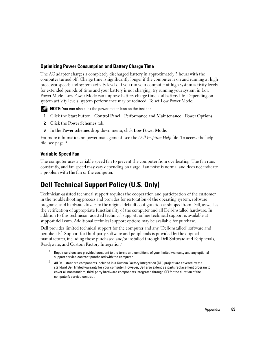 Variable speed fan, Dell technical support policy (u.s. only) | Dell Inspiron 1150 User Manual | Page 89 / 112