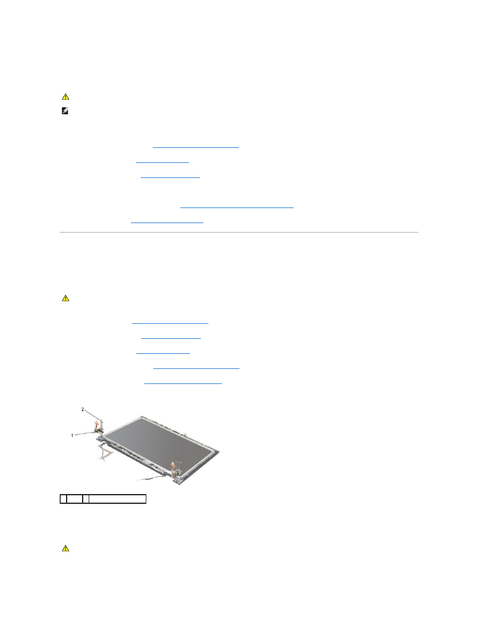 E5400 display hinges, Replacing the e5400 display bezel, Removing the e5400 display hinges | Replacing the e5400 display hinges | Dell Latitude E5500 User Manual | Page 17 / 73