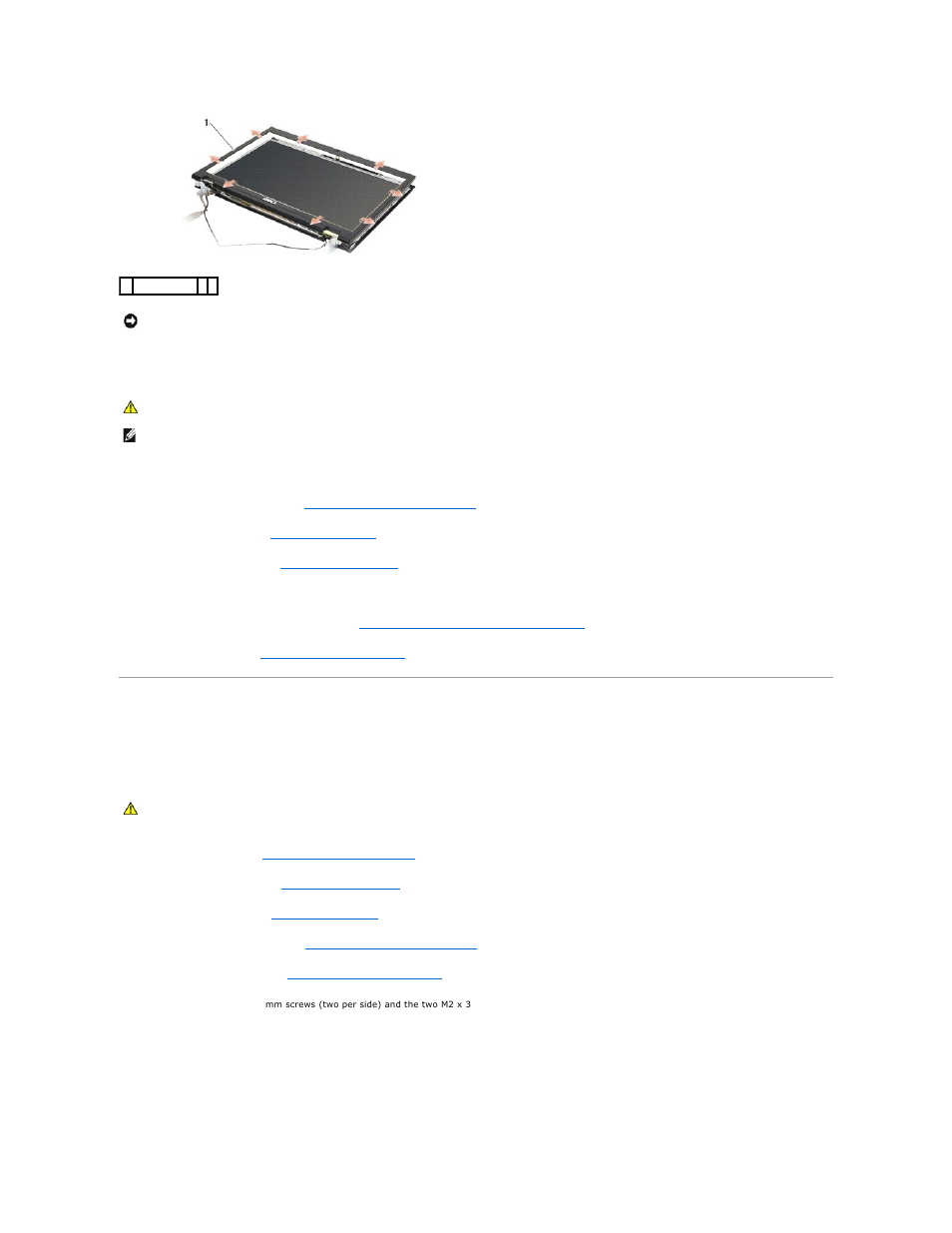 E5500 display hinges, Replace the display bezel (see, Replacing the e5500 display bezel | Removing the e5500 display hinges | Dell Latitude E5500 User Manual | Page 24 / 73