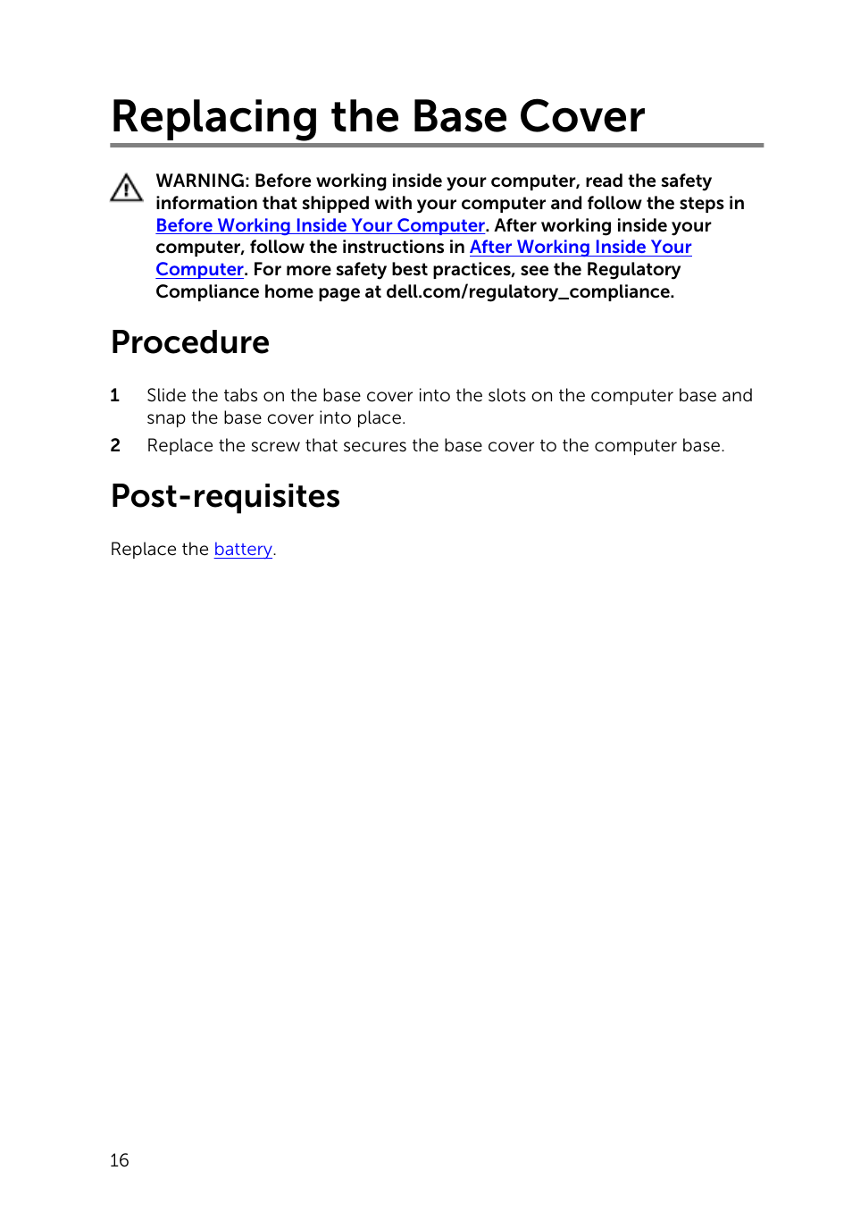 Replacing the base cover, Procedure, Post-requisites | Dell Inspiron 15 (3541, Mid 2014) User Manual | Page 16 / 97